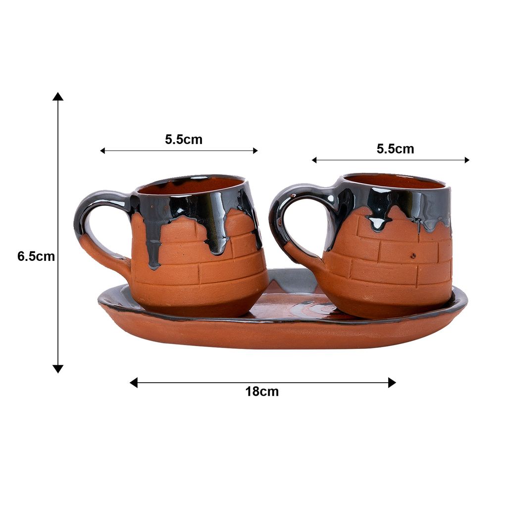 Sowpeace Handcrafted Terracotta tea cup set with oval trey “Cup of mornings” for kitchen and dining, premium artisan made utensils as serveware, for gift