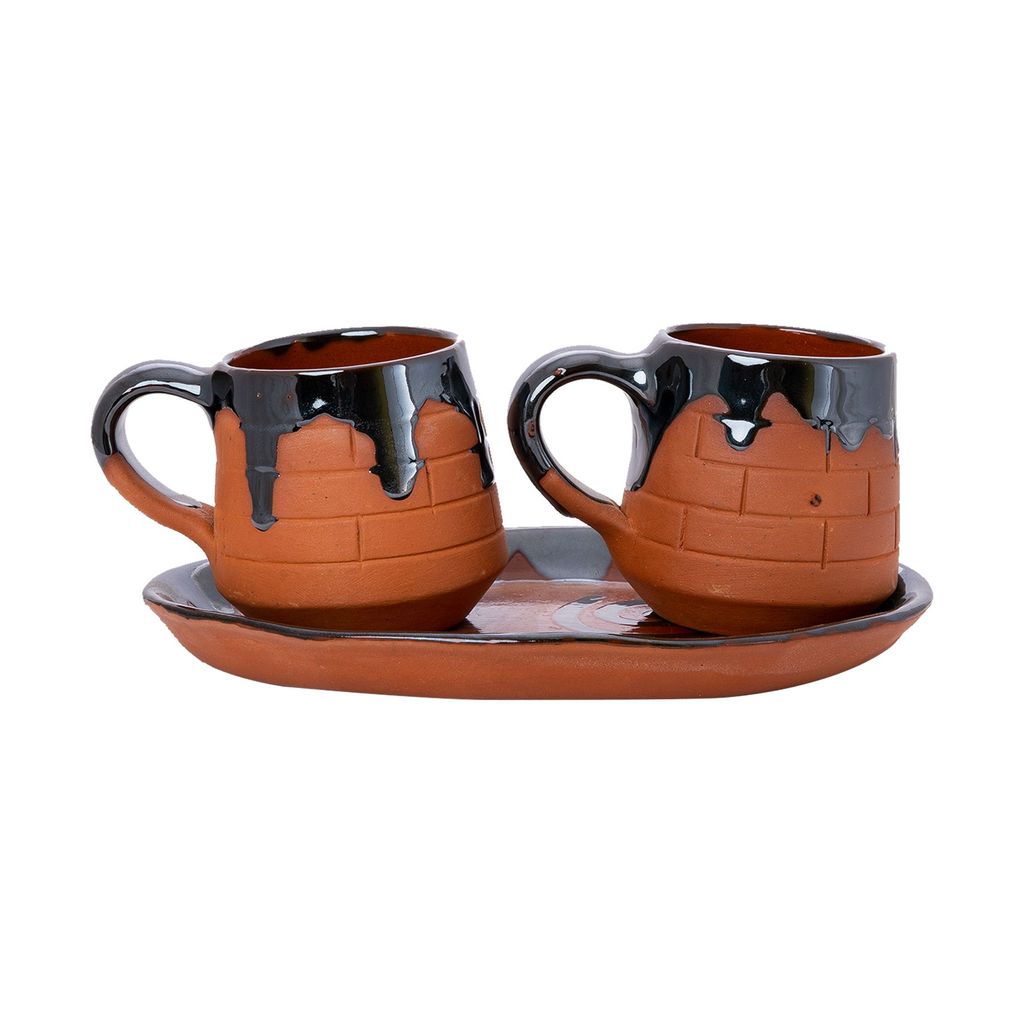 Sowpeace Handcrafted Terracotta tea cup set with oval trey “Cup of mornings” for kitchen and dining, premium artisan made utensils as serveware, for gift
