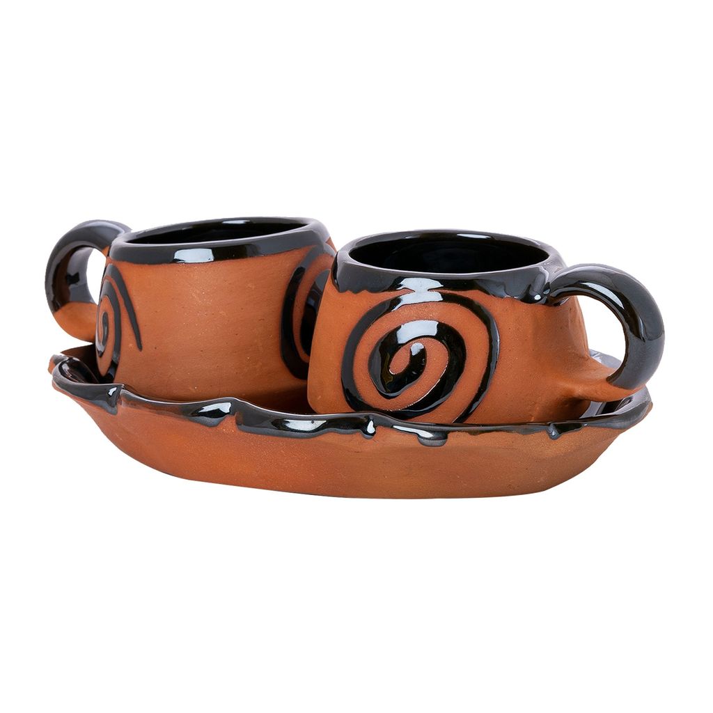 Sowpeace Handcrafted Terracotta tea cup set with floral trey “Cup of mornings with floral plate” for kitchen and dining, premium artisan made utensils as serveware, for gift