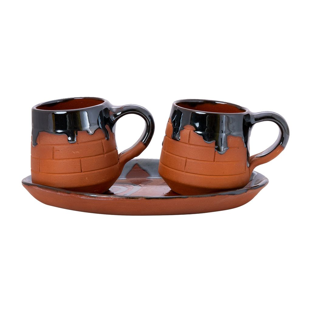 Sowpeace Handcrafted Terracotta tea cup set with oval trey “Cup of mornings” for kitchen and dining, premium artisan made utensils as serveware, for gift