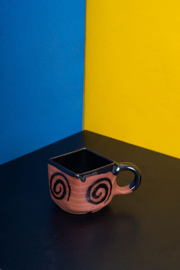 Sowpeace Handcrafted Terracotta Tea Cup squared mouth with plate “The Saucer Story” for kitchen and dining, premium artisan made utensils as serveware, for gift