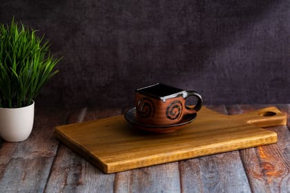 Sowpeace Handcrafted Terracotta Tea Cup squared mouth with plate “The Saucer Story” for kitchen and dining, premium artisan made utensils as serveware, for gift