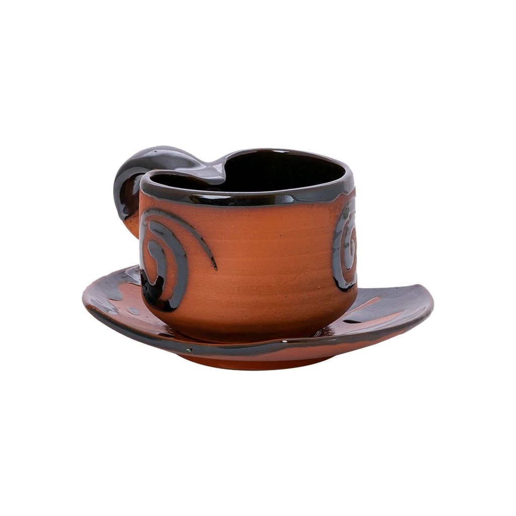 Sowpeace Handcrafted Terracotta Tea Cup Leaf with plate “Heart in a cup” for kitchen and dining, premium artisan made utensils as serveware, for gift
