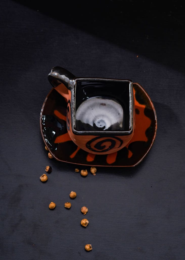 Sowpeace Handcrafted Terracotta Tea Cup squared mouth with plate “The Saucer Story” for kitchen and dining, premium artisan made utensils as serveware, for gift