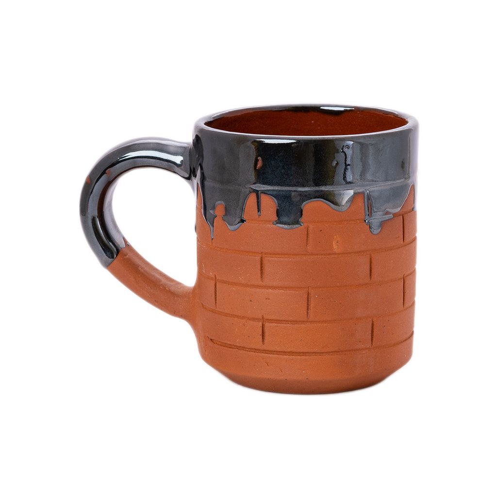 Sowpeace Terracotta Coffee Mug block pattern with black cermaic “Mug of Happiness” for kitchen and dining, premium artisan made utensils as serveware, for gift