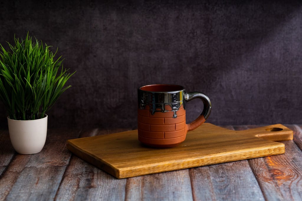 Sowpeace Terracotta Coffee Mug block pattern with black cermaic “Mug of Happiness” for kitchen and dining, premium artisan made utensils as serveware, for gift