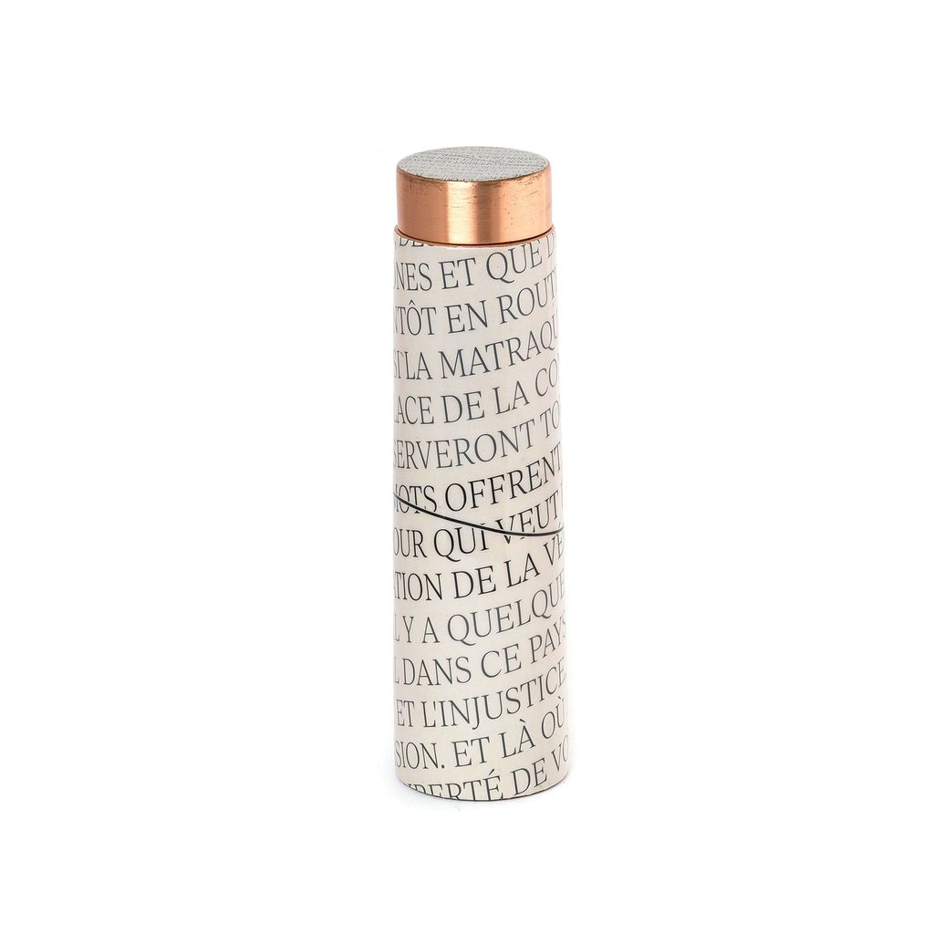 Sowpeace designer copper bottle “Trendy bottle sporting abstract designs” for kitchen and dining, premium designed bottles as serveware, for gifting. (French vocabulary-inspired designer bot