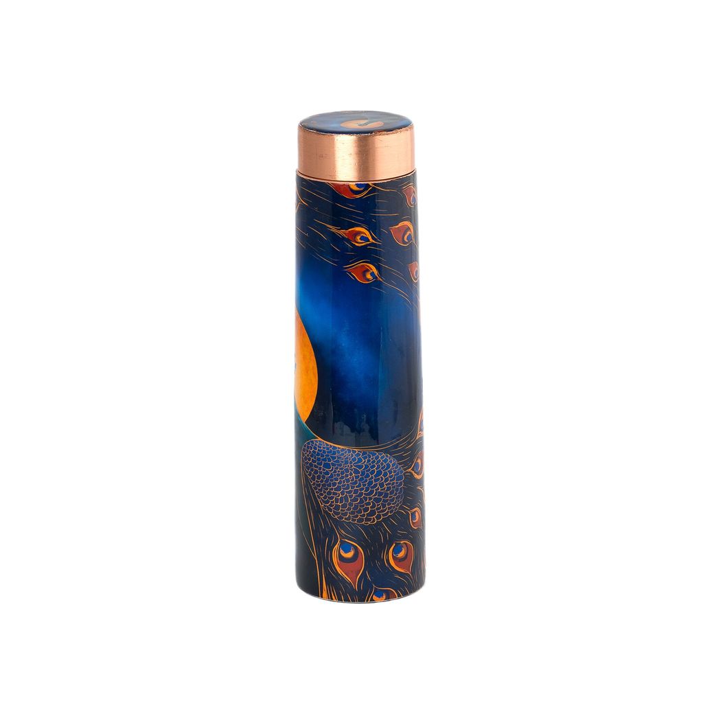 Sowpeace designer copper bottle “Trendy bottle sporting abstract designs” for kitchen and dining, premium designed bottles as serveware, for gifting. (Lunar-themed bottle with peacock mo