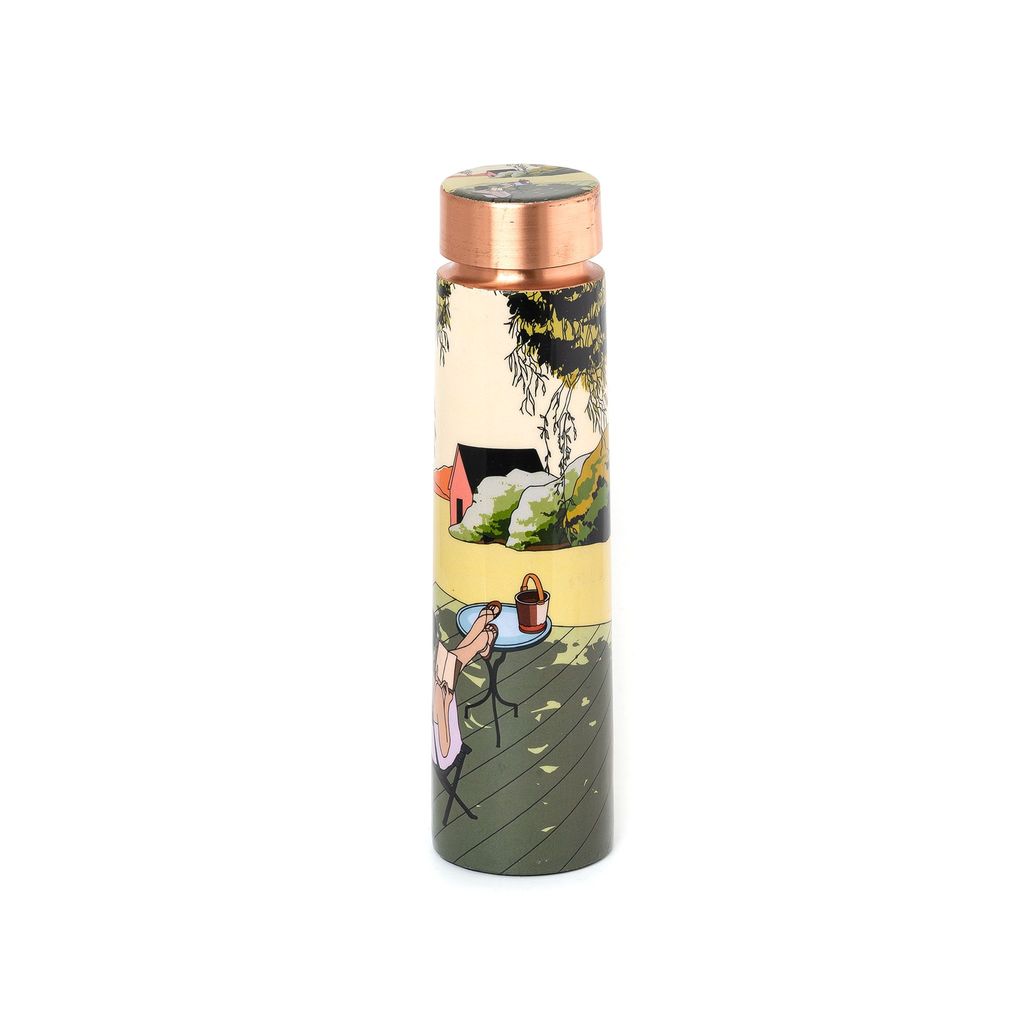 Sowpeace designer copper bottle “Trendy bottle sporting abstract designs” for kitchen and dining, premium designed bottles as serveware, for gifting. (Outdoor lawn-inspired stylish copper bot