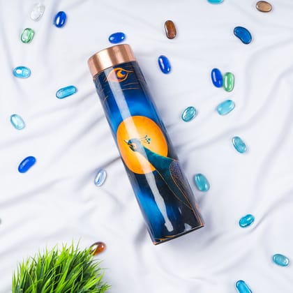 Sowpeace designer copper bottle “Trendy bottle sporting abstract designs” for kitchen and dining, premium designed bottles as serveware, for gifting. (Lunar-themed bottle with peacock mo