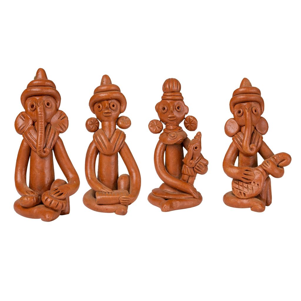 SOWPEACE Handcrafted TTerracotta Tribal Figurine Set of 4 “The time of Tribals Baked Clay showpiece, Premium Artisan Made Tabletop Home Decor for Living Room,for Gifti