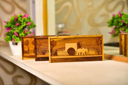 SOWPEACE Handcrafted Wooden Landscape Key Holder Cow Cart “The Key spot” showpiece, Premium Artisan Made Wall Home Decor for Living R