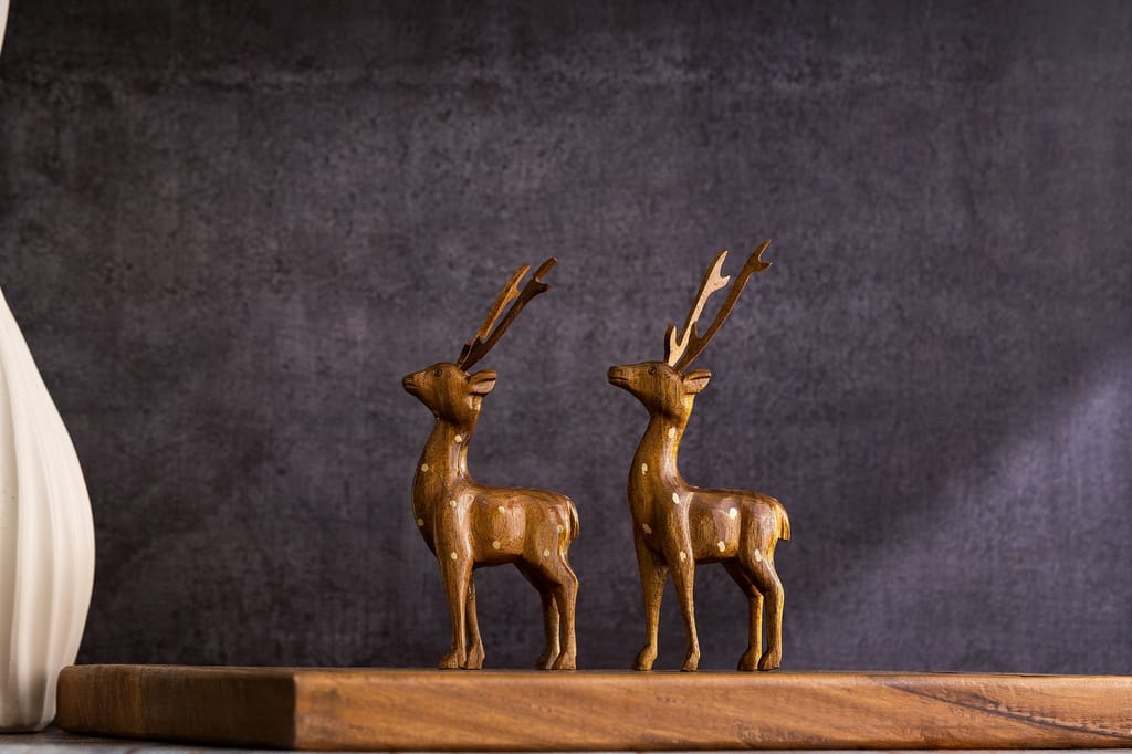 SOWPEACE Handcrafted Wooden Dotted Deer Small “Dearest Little Deer” showpiece, Set of 2 Premium Artisan Made Tabletop Home Decor for living room, for gifting