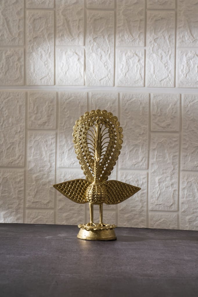 SOWPEACE Handcrafted dhokra Art Peacock “Handcrafted Peacock Using Dokra Metal Art” Brass showpiece, Premium Artisan Made Tabletop Home Decor for Living R