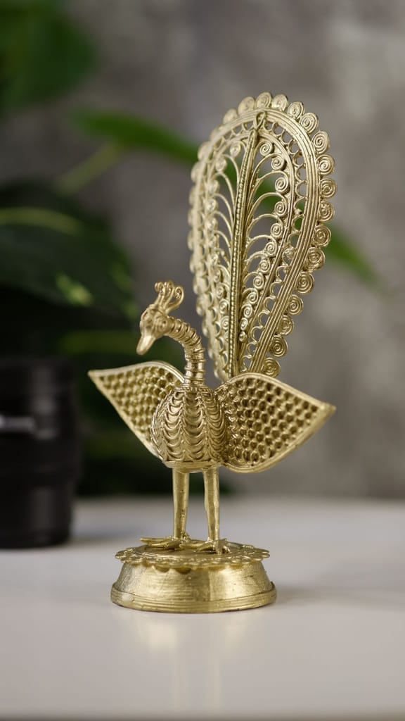 SOWPEACE Handcrafted dhokra Art Peacock “Handcrafted Peacock Using Dokra Metal Art” Brass showpiece, Premium Artisan Made Tabletop Home Decor for Living R