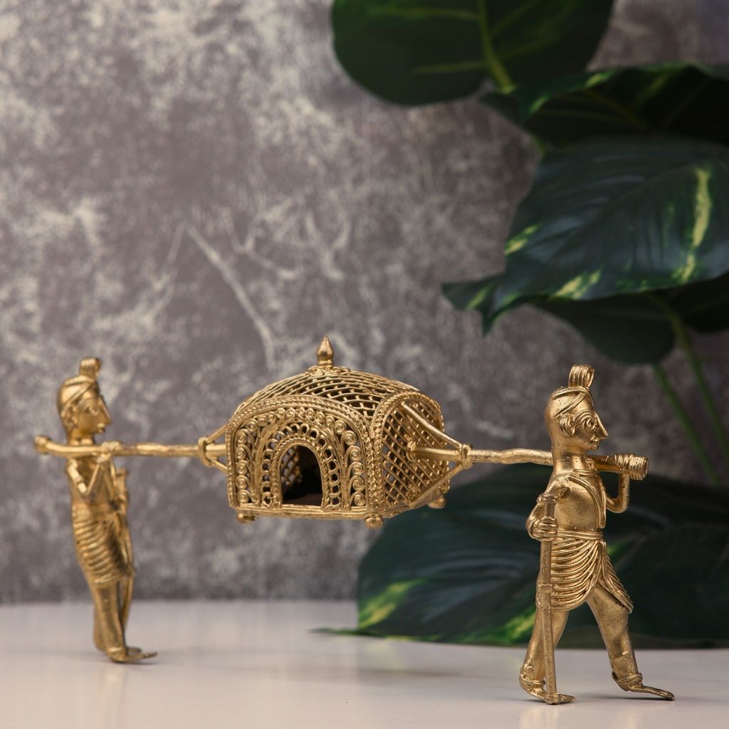 SOWPEACE Handcrafted dhokra Art palki “Wed on Palki” Brass showpiece, Premium Artisan Made Tabletop Home Decor for Living R