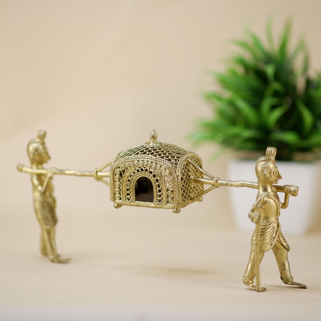SOWPEACE Handcrafted dhokra Art palki “Wed on Palki” Brass showpiece, Premium Artisan Made Tabletop Home Decor for Living R