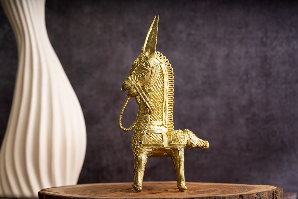 SOWPEACE Handcrafted dhokra Art Horse “The Golden Gump” Brass showpiece, Premium Artisan Made Tabletop Home Decor for Living R