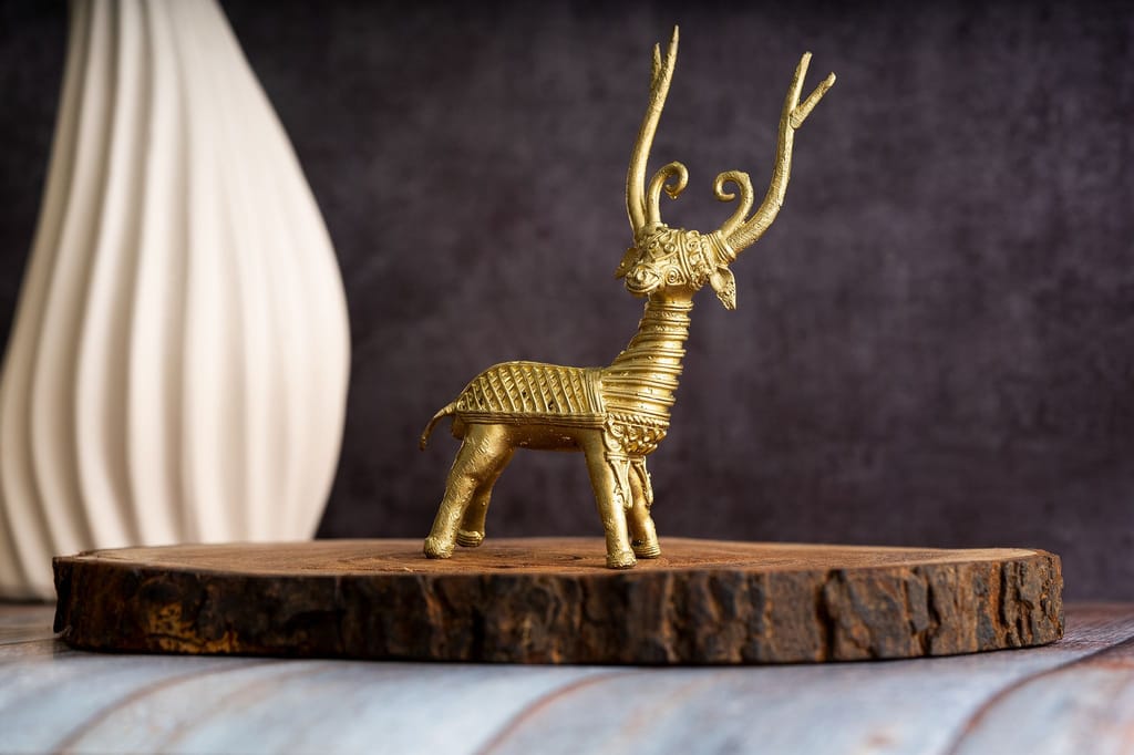 SOWPEACE Handcrafted dhokra Art Deer Standing “The Deer on feet” Brass showpiece, Premium Artisan Made Tabletop Home Decor for Living R