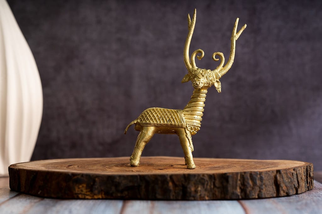 SOWPEACE Handcrafted dhokra Art Deer Standing “The Deer on feet” Brass showpiece, Premium Artisan Made Tabletop Home Decor for Living R