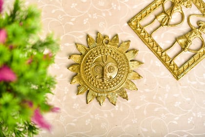 SOWPEACE Handcrafted dhokra art Sunplate“Wall of Golden Sanguine” brass showpiece, premium artisan made Wall home decor for living r