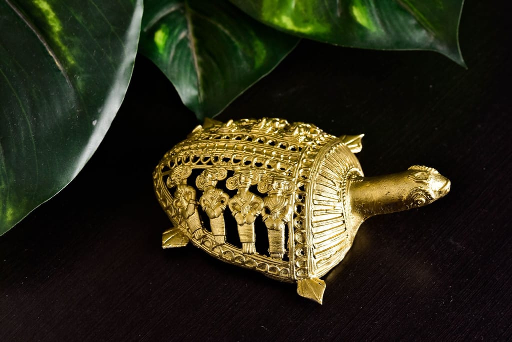 SOWPEACE Handcrafted dhokra Art Tortoise or Turtle “goodluck Snapper” Brass showpiece, Premium Artisan Made Tabletop Home Decor for Living R