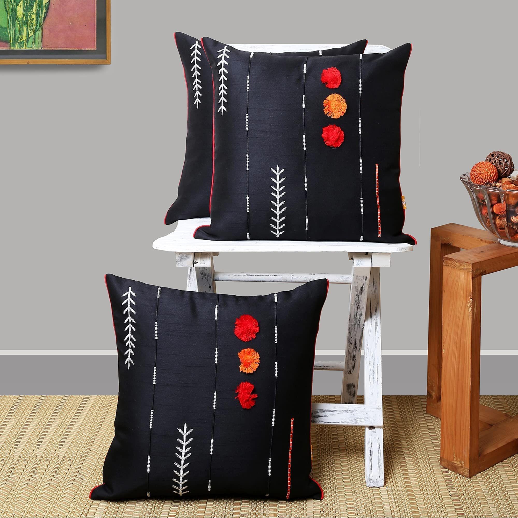 Set of 2pcs Black Embroidered cushion cover 16"x16".1