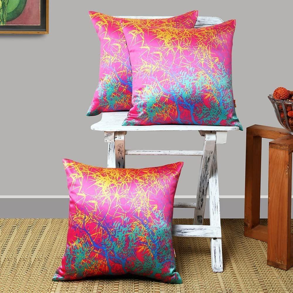 Set of 3 pcs Fuschia & Mustard Foliage Printed cushion cover 16"x16"(PPC132_S3)