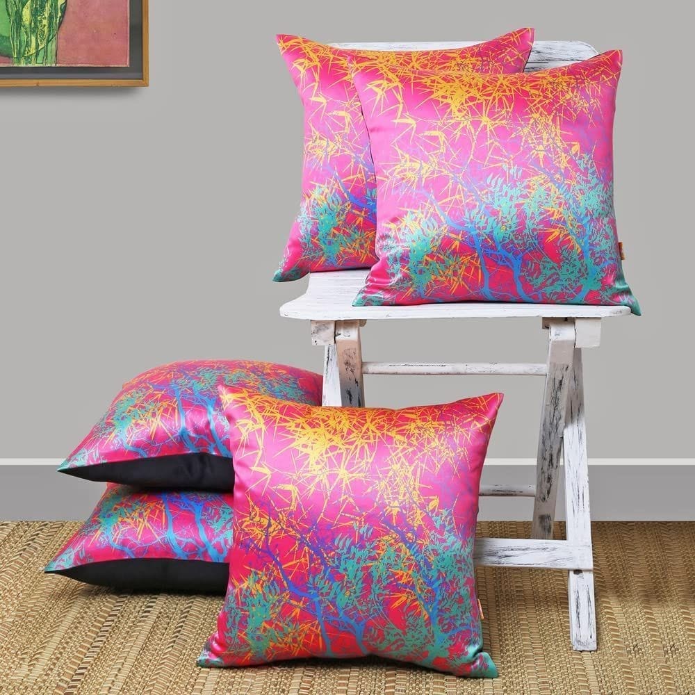Set of 5 pcs Fuschia & Mustard Foliage Printed cushion cover 16"x16"(PPC132_S5)
