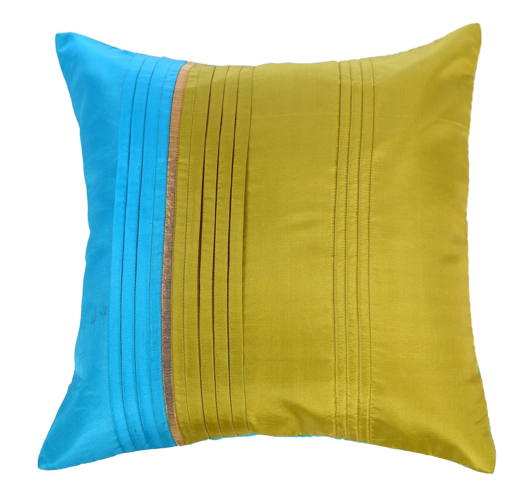 ANS Blue & Green Polysilk Broad Pleated cushion cover with Gold Insert