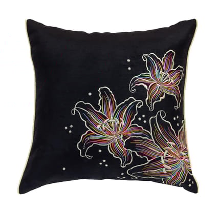 ANS Black Multicolour Floral Emb cushion cover with Golden Piping at Sides