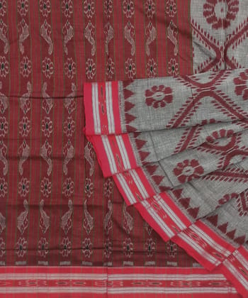 Gray Red Nuapatna Handwoven Single Ikat Cotton Saree