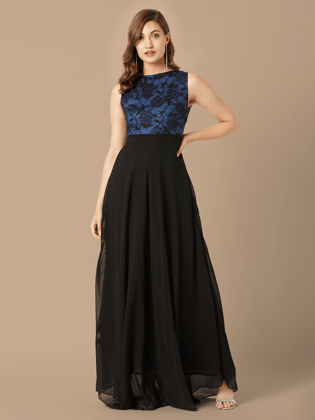 Women's Blue & Black Round Neck Sleeveless Georgette Floral Lace Fit & Flare Maxi Dress-3XL / Blue & Black