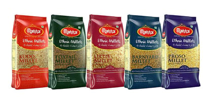 Manna Millets 2.5Kg - Natural Grains Combo Pack of 5 | Unpolished Millets | Siridhanya | Foxtail 500g, Kodo 500g, Proso 500g, Little 500g, Barnyard 500g | Native Low GI Millet Rice | Nutrient Powerhouse, High Protein & 100% more Fibre than Rice