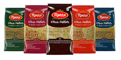 Manna Millets 2.5Kg Combo Pack of 5 (With Browntop) | Natural Grains Unpolished Millets | Siridhanya | Browntop 500g, Little 500g, Kodo 500g, Foxtail 500g, Barnyard 500g | Low GI Rice | Nutrient Powerhouse, High Protein & More Fibre than Rice