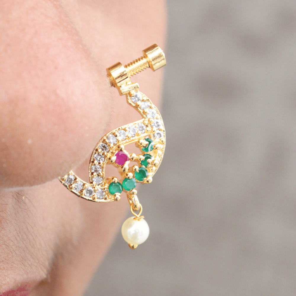 Zeello Gold Plated Simple Peals Alloy Maharashtrian Nath Nathiya./ Nose Pin for women