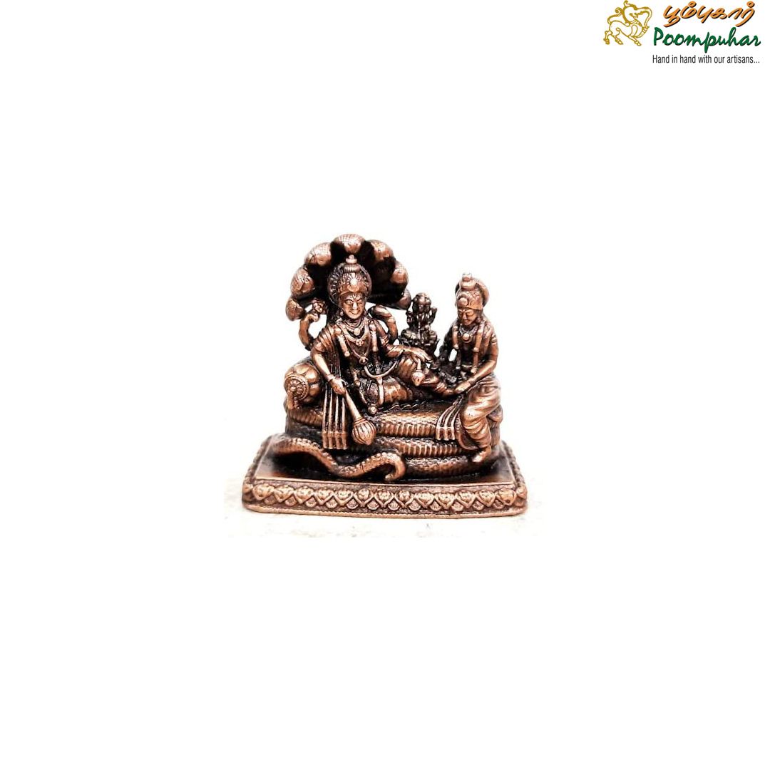 Copper Vishnu Along with Mahalakshmi Lying in Adisesha 2.1 inches