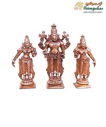 Copper Srinivasa Perumal with Sridevi and bhudevi 2.8 inches