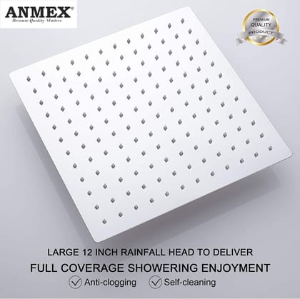 ANMEX Premium 12X12 (12") Stainless Steel UltraSlim Square Rain Shower Head without Arm
