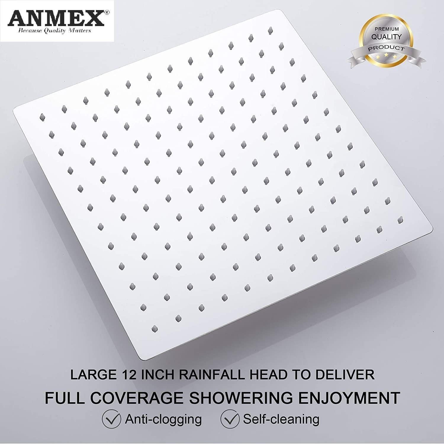 ANMEX Premium 12X12 (12") Stainless Steel UltraSlim Square Rain Shower Head without Arm