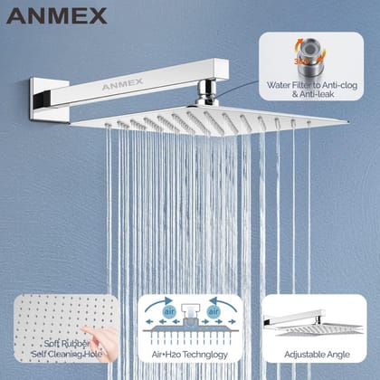 ANMEX Premium 10X10 (10Inch) Stainless Steel UltraSlim Square Rain Shower Head with 18INCH square arm