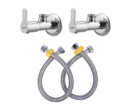 ANMEX Flora Angle Valve with 18 Inches Connection Pipe for bathroom geyser connection and washbasin connection Combo (2pc) (Silver Chrome Finish)