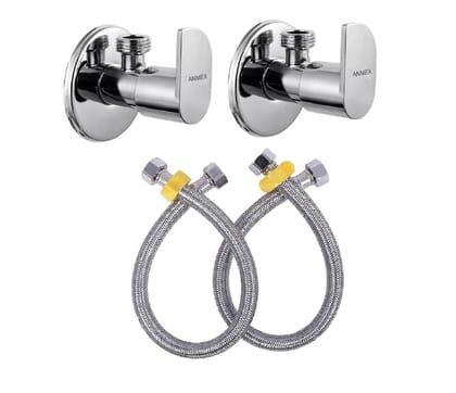 ANMEX Alvi Angle Valve with 18 Inches Connection Pipe for bathroom geyser connection and washbasin connection Combo (2pc) (Silver Chrome Finish)