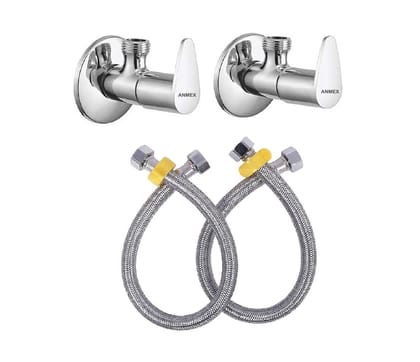 ANMEX JAZZ Angle Valve with 24 Inches Connection Pipe for bathroom geyser connection and washbasin connection Combo (2pc) (Silver Chrome Finish)