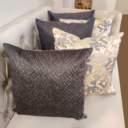 GOODVIBES Grey White Damask / Self Design / Woven Motifs Floral Zipper Square Combo Cushion Covers (16x16 inch or 40 x 40 cm) Set of 5