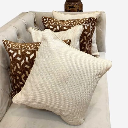 Cream Brown Damask Geometric Woven Zipper Square Combo Set Cushion Covers (16x16 inch or 40 x 40 cm) Set of 5