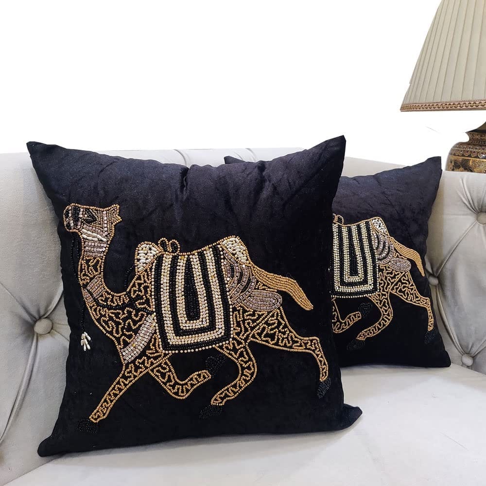 Black Set of 2 Ethnic Beaded Embroidered Square Combo Cushion Covers for Sofa Home Bedroom (16x16 inch or 40 x 40 cm) - Ethnic Shoes | Buy online on ZillyBuy