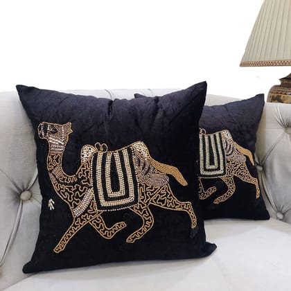 Black Set of 2 Ethnic Beaded Embroidered Square Combo Cushion Covers for Sofa Home Bedroom (16x16 inch or 40 x 40 cm)