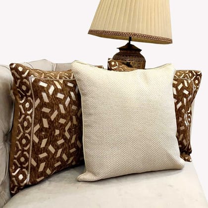 Cream Brown Damask Geometric Woven Zipper Square Combo Set Cushion Covers (16x16 inch or 40 x 40 cm) Set of 3