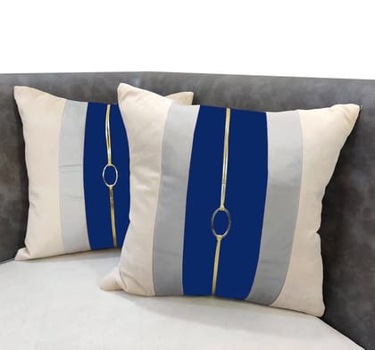 GOODVIBES Blue Beige Gold Leather Striped Buckle Velvet Cushion Case Luxury Modern Throw Pillow Cover Decorative Pillow for Couch Living Room Bedroom Car| 16X16 Inches | 40cm * 40 cm I Set of 2|
